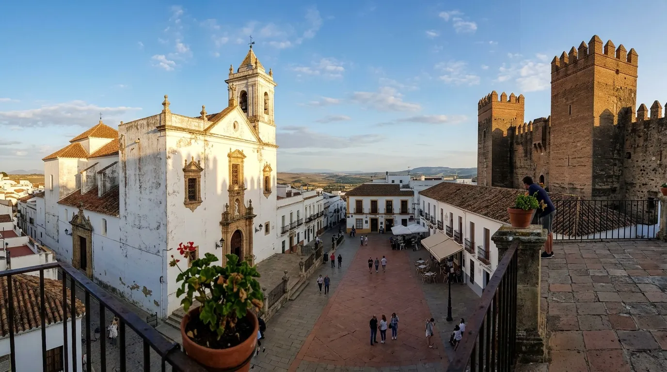 Vue panoramique d'une place médiévale avec église blanche et château