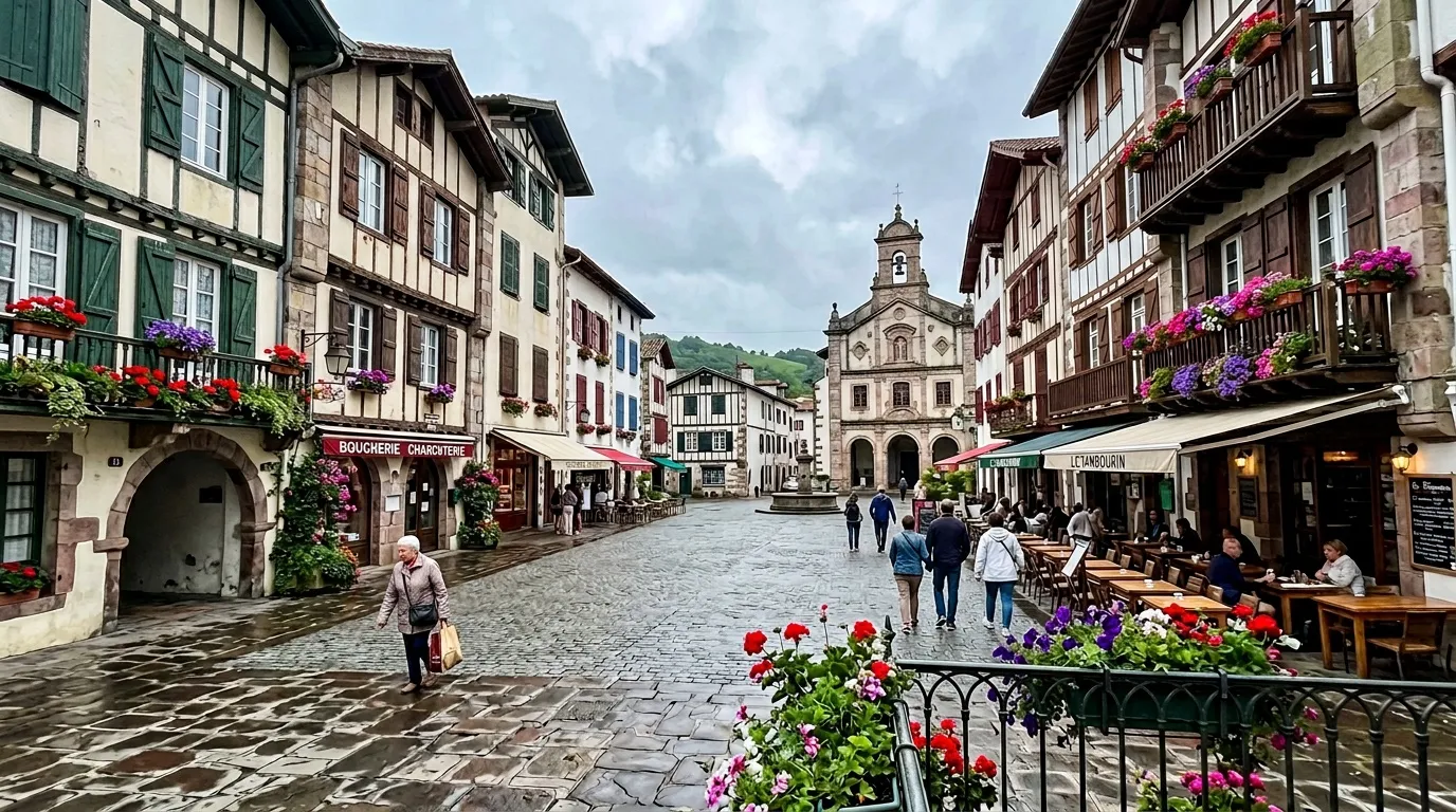 Place pavée médiévale avec église, maisons à colombages colorées et fleurs.