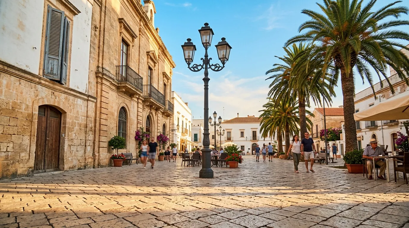 Place pavée avec lampadaire, palmiers et architecture historique
