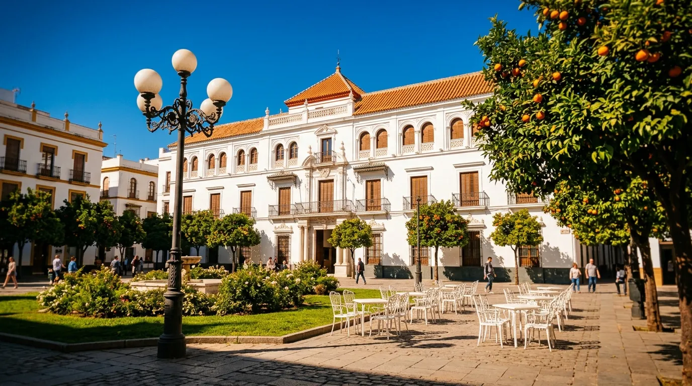 Palais blanc avec toit orange, chaises blanches, orangers, ciel bleu