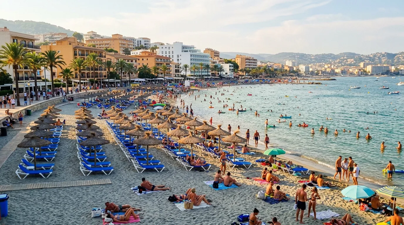 Plage bondée avec parasols, baigneurs et bâtiments côtiers