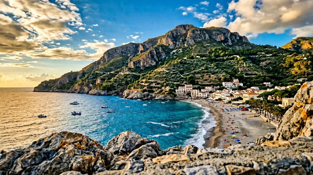 Village côtier avec plage turquoise et falaises rocheuses
