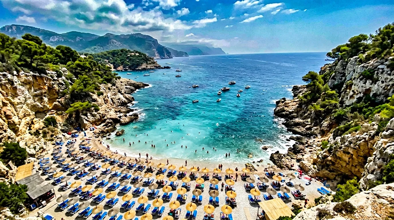 Crique rocheuse avec plage bondée, parasols bleus, mer turquoise