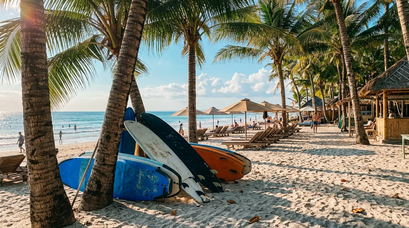 Planches de surf colorées sous palmiers sur plage paradisiaque