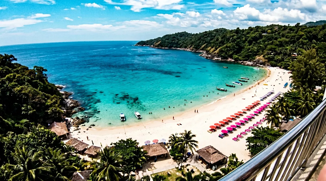 Plage de sable blanc avec eaux turquoise et parasols colorés