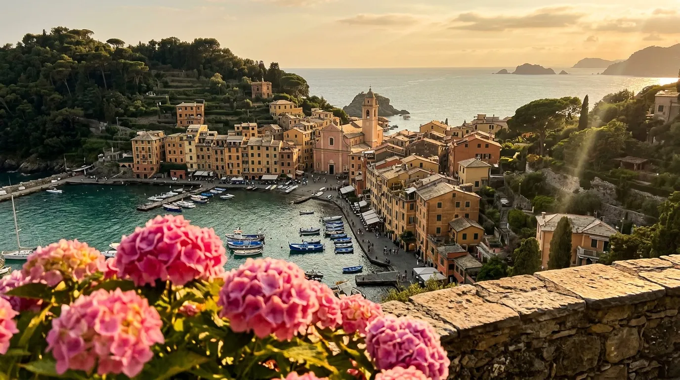 Vue panoramique du village côtier coloré de Portofino avec fleurs roses