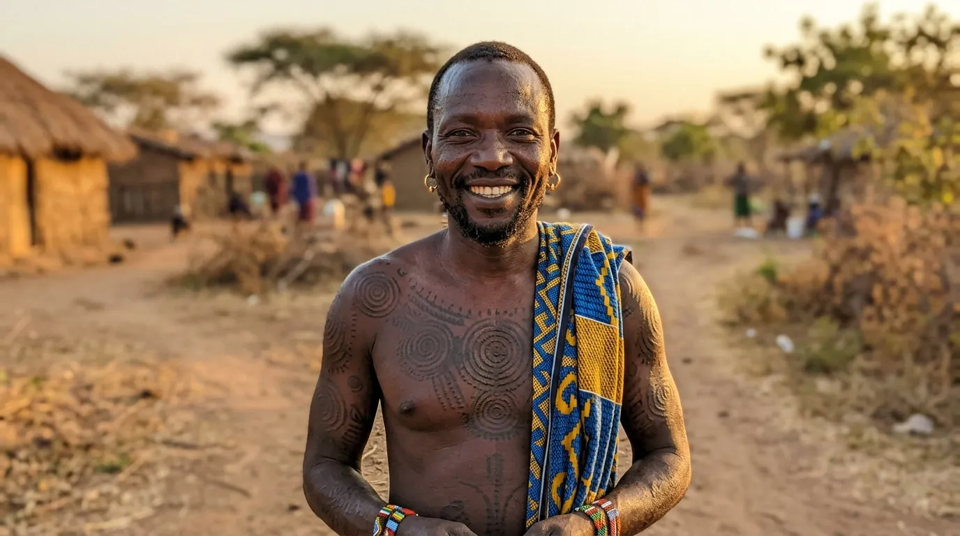Homme avec tatouages traditionnels sourit à la caméra