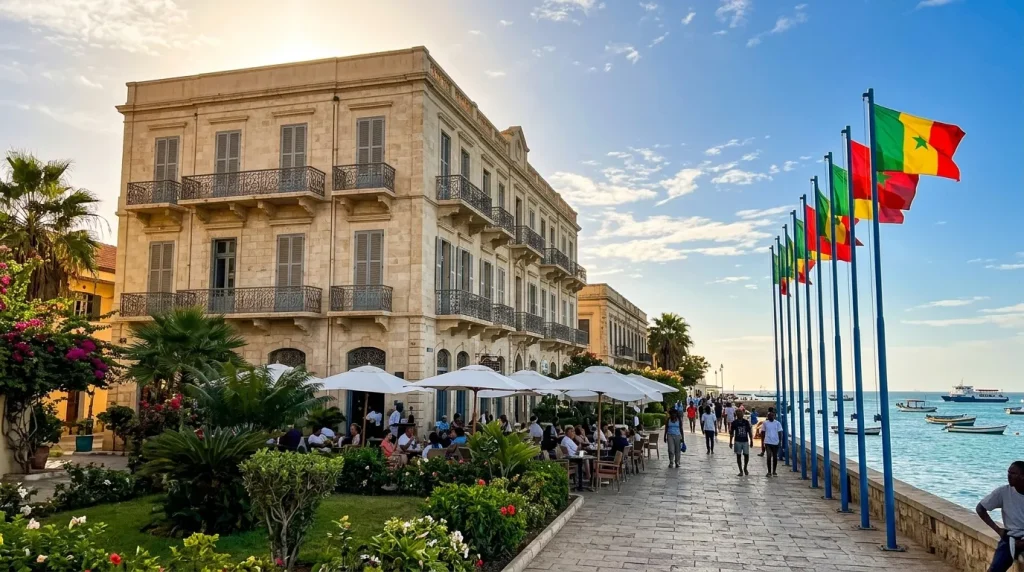 Bâtiment colonial, terrasse, drapeaux africains, plage