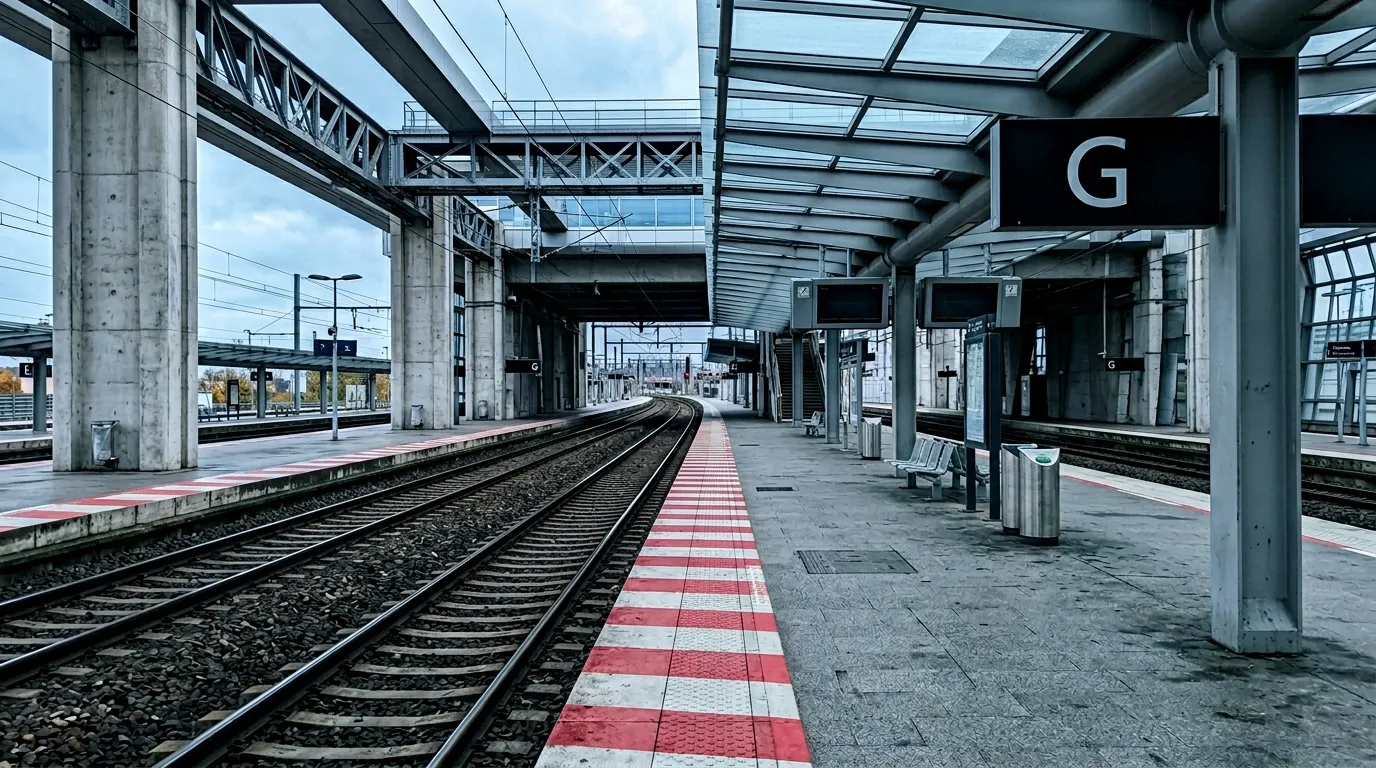 Quai de gare vide avec rails, marquages rouges et blancs