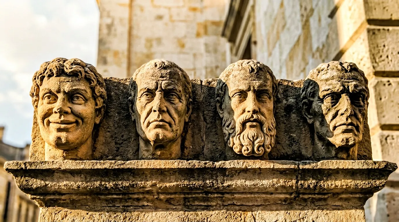 Quatre têtes sculptées en pierre sur socle architectural