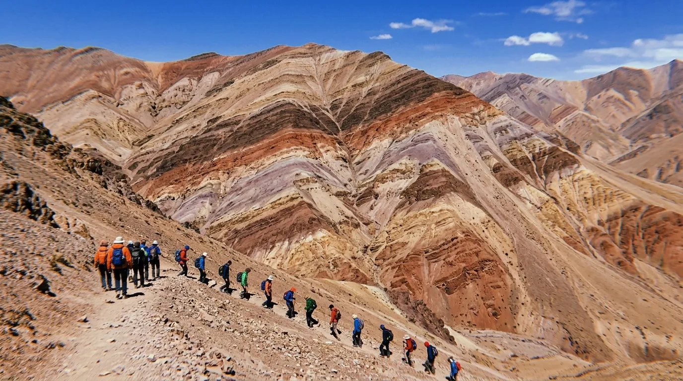 Groupe de randonneurs traversant des montagnes aux strates multicolores