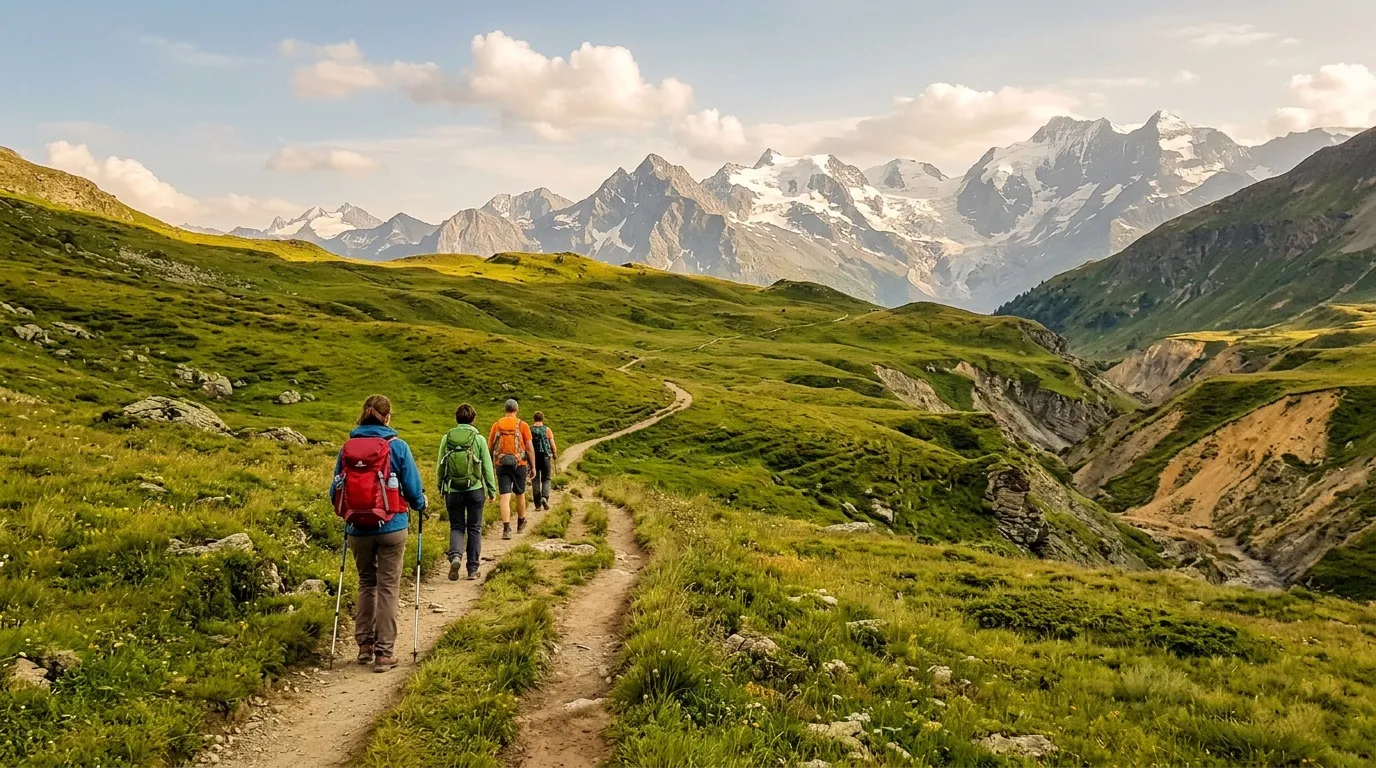 Groupe de randonneurs sur sentier alpin avec montagnes enneigées