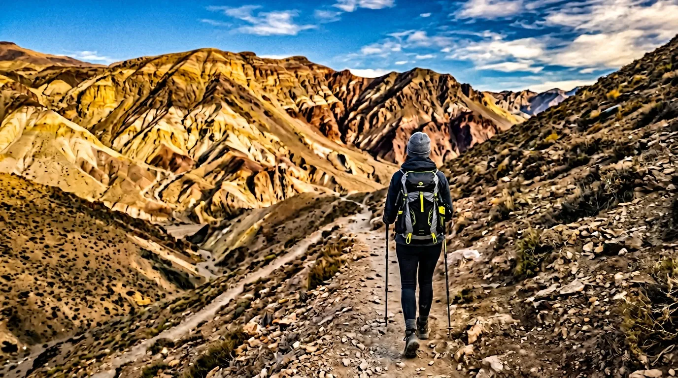 Randonneur solitaire dans un paysage de montagnes arides multicolores