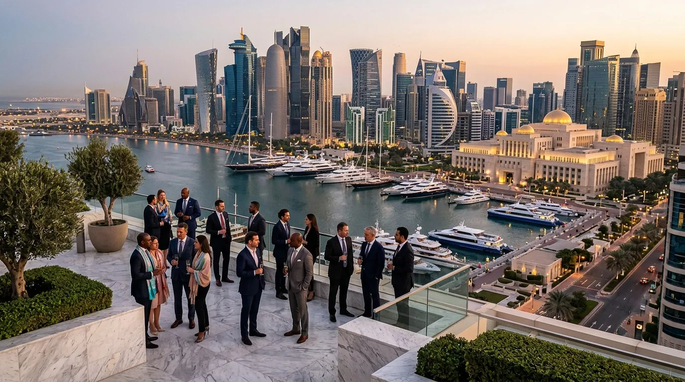Hommes d'affaires en réunion surplombant la marina de Doha