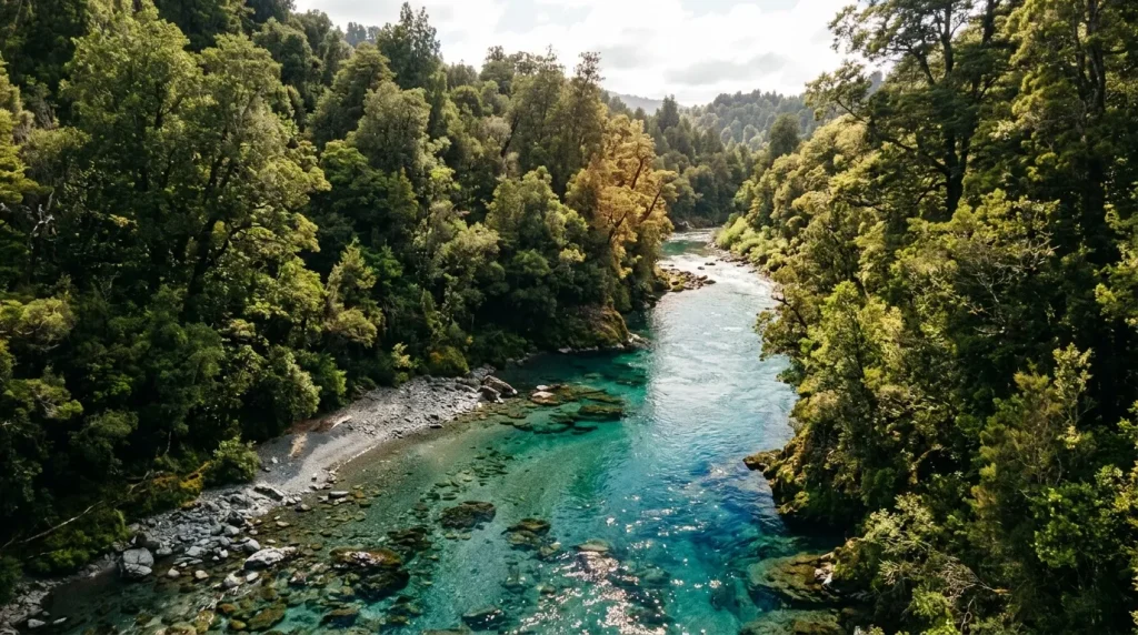 Rivière turquoise serpentant à travers une forêt verdoyante et montagneuse