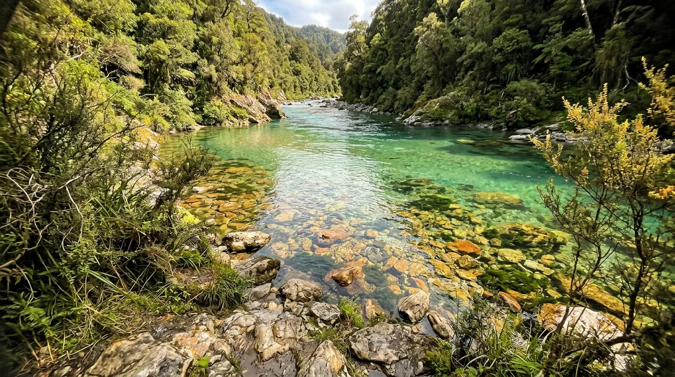 Rivière cristalline turquoise entourée de forêt verte luxuriante