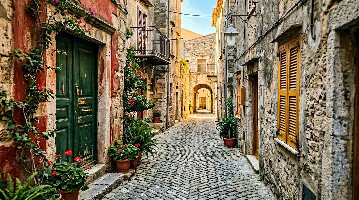 Étroite ruelle pavée avec portes colorées et fleurs