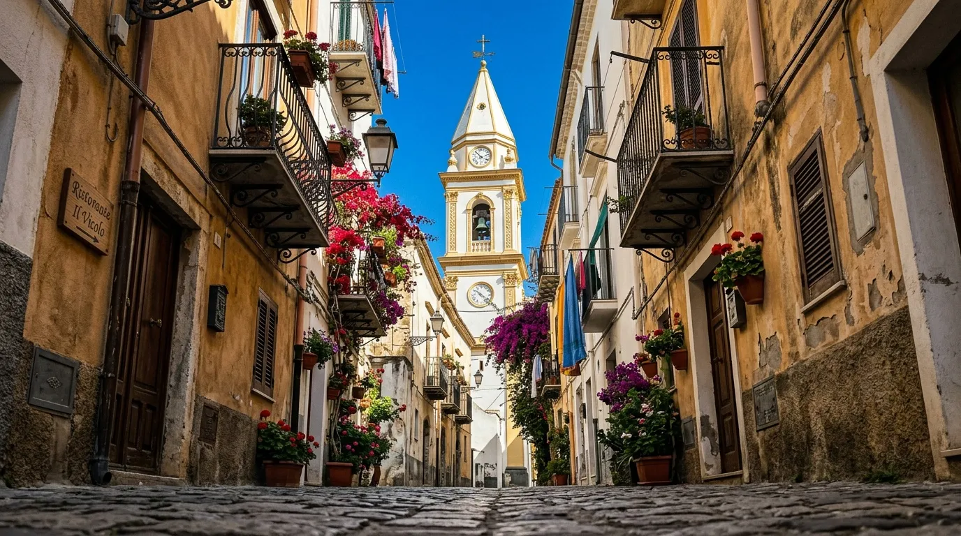 Rue pavée avec fleurs, église blanche au bout