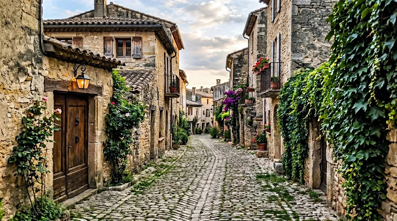 Rue pavée de pierre avec maisons anciennes et lierre grimpant