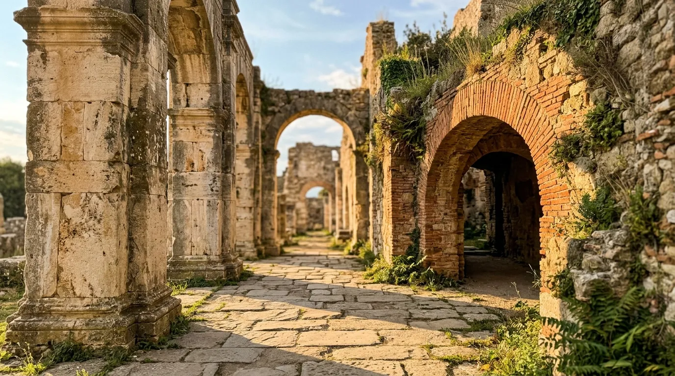 Couloir de ruines romaines avec arches et végétation