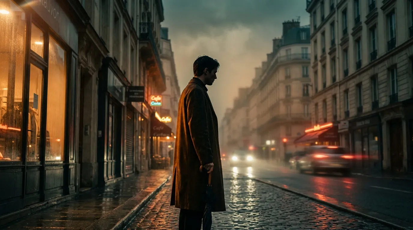 Homme seul dans une rue parisienne mouillée au crépuscule