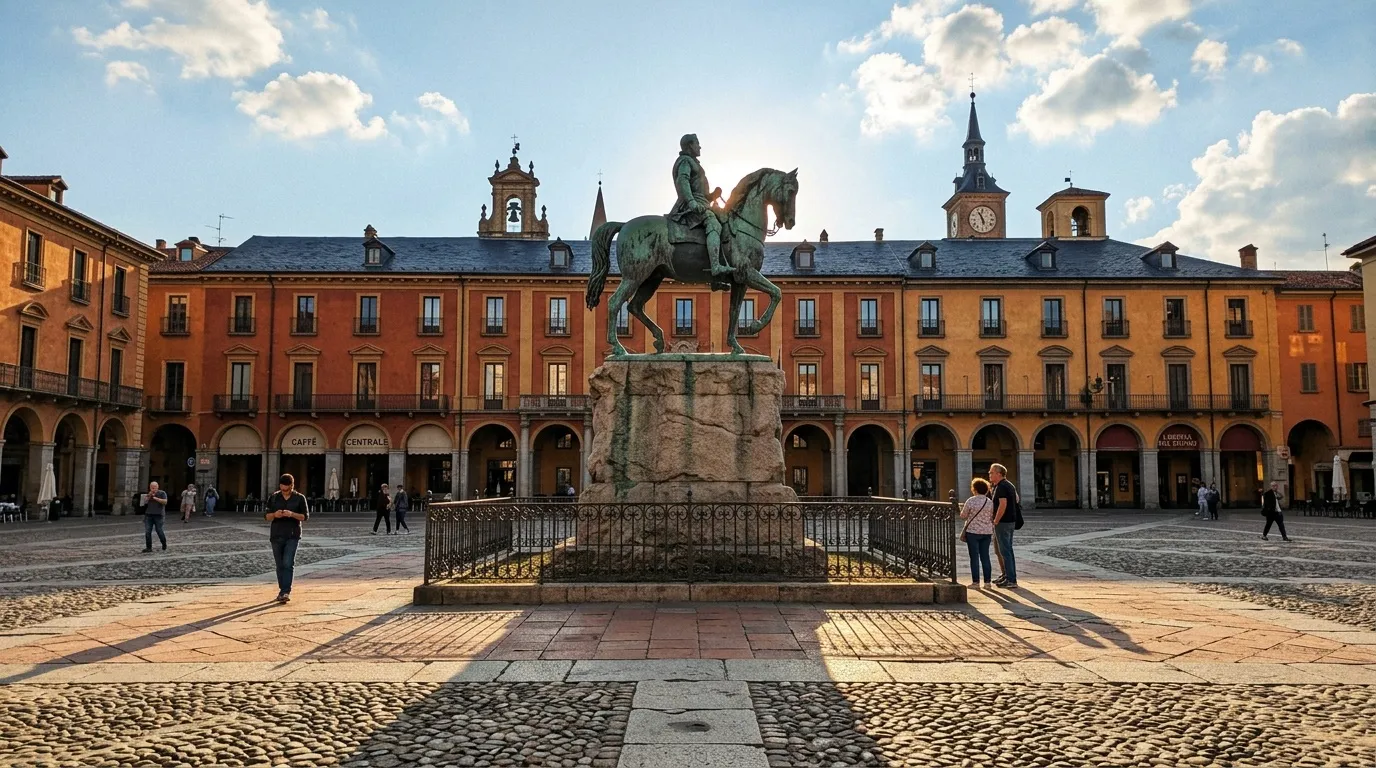 Statue équestre au centre d'une place italienne avec arcades orangées
