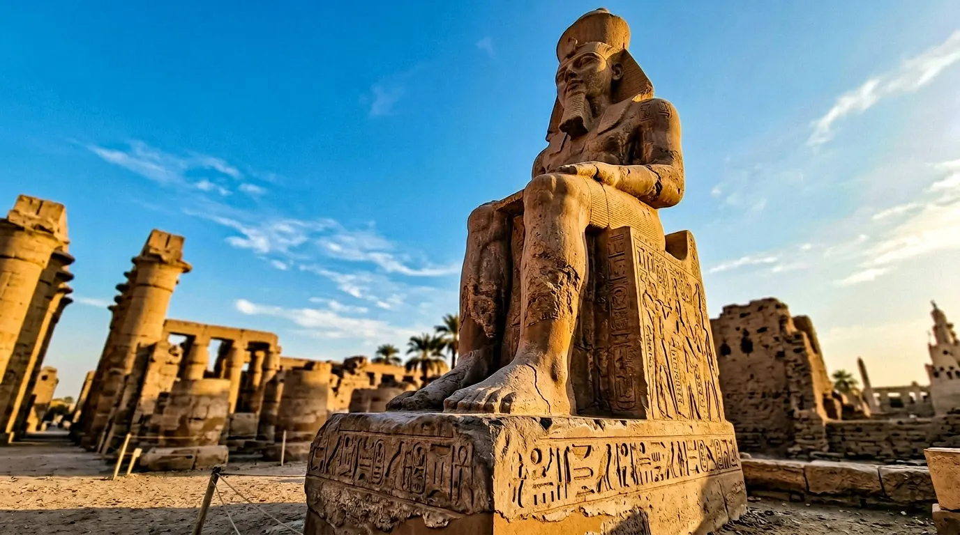 Statue égyptienne avec hiéroglyphes dans ruines anciennes