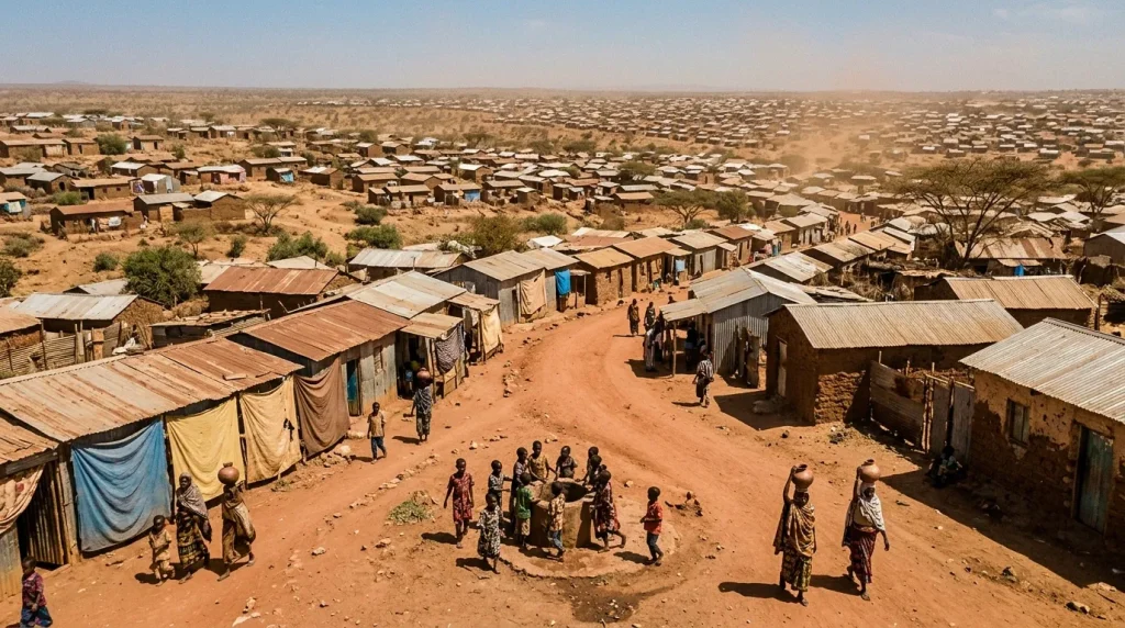 Village de cabanes en tôle ondulée dans le désert sahélien