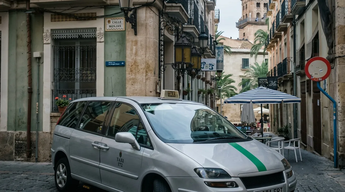 Taxi blanc avec bande verte dans une vieille rue européenne