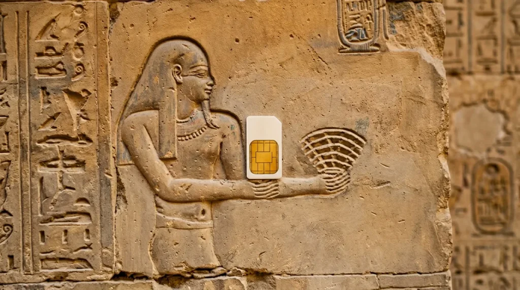 Carte SIM sur bas-relief égyptien antique