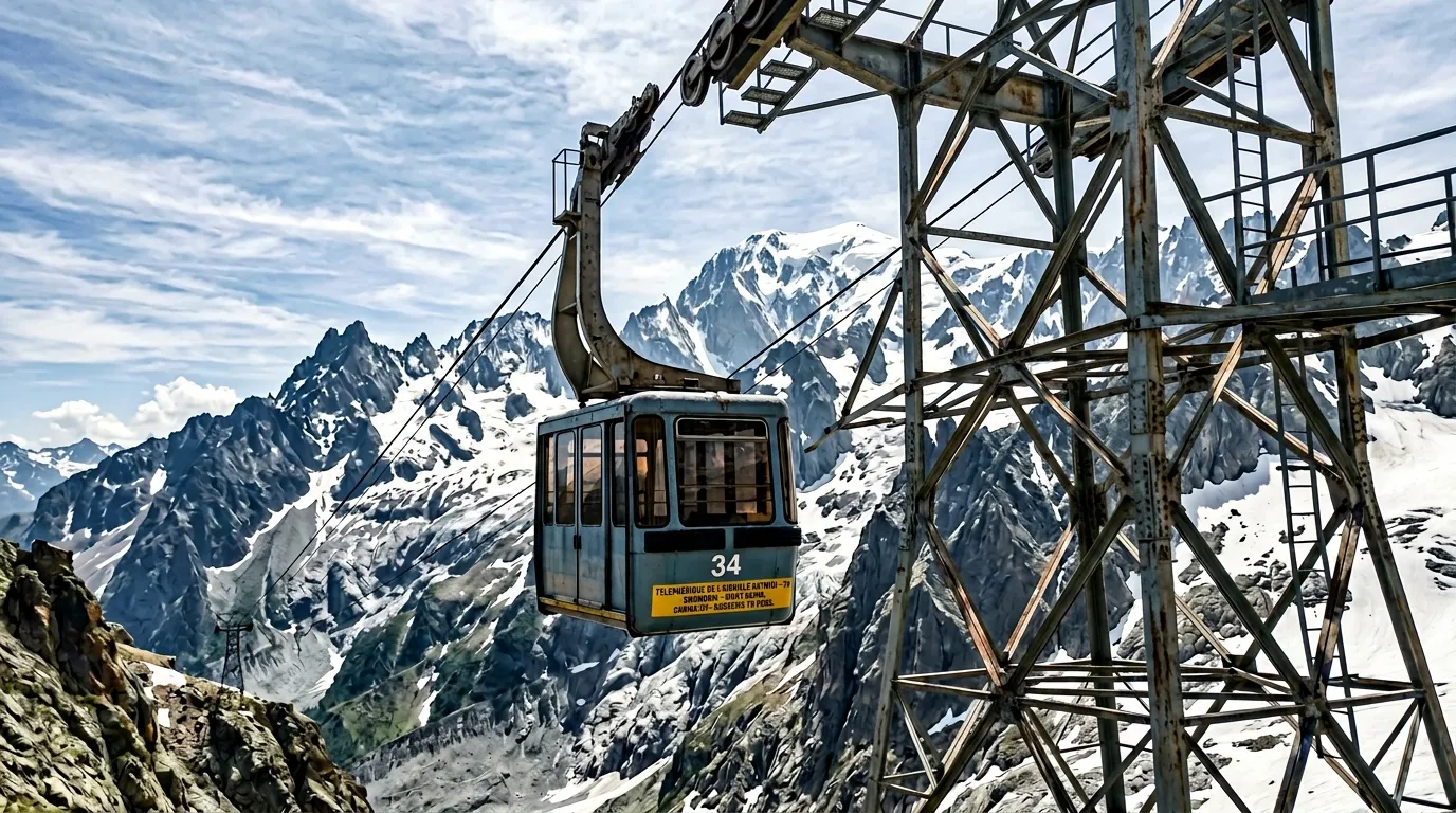 Cabine téléphérique numéro 34 surplombant des pics montagneux enneigés