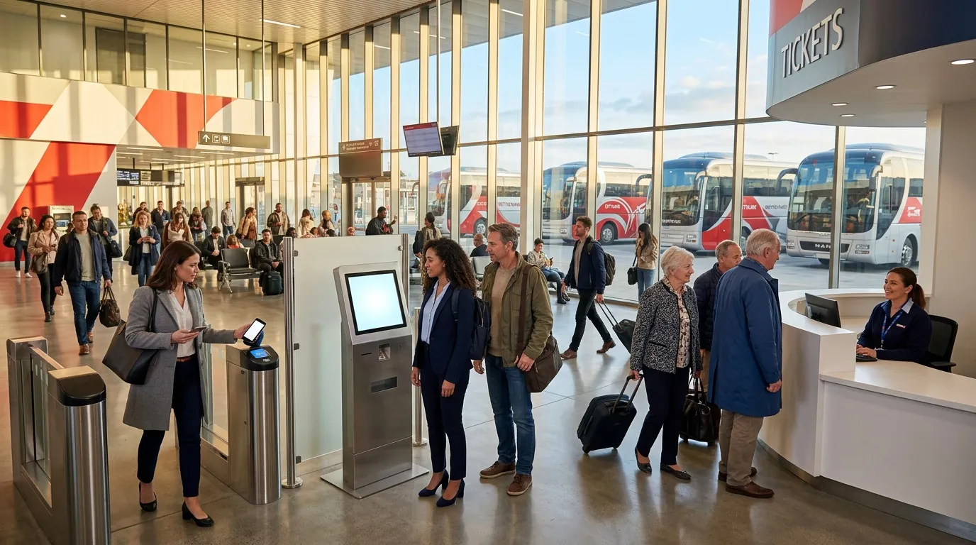Voyageurs dans hall de gare routière avec guichets tickets