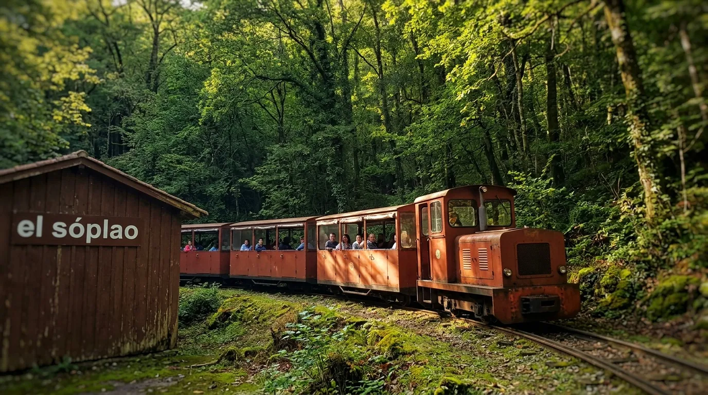 Petit train rouge traversant une forêt dense et verdoyante