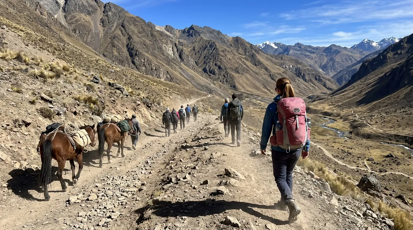 Randonneurs et chevaux sur sentier montagneux désertique