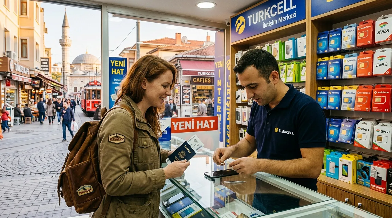 Cliente achète une carte SIM Turkcell dans un magasin à Istanbul