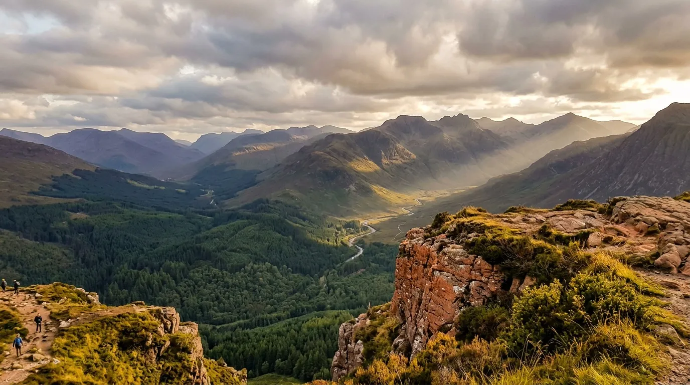 Vue panoramique d'une vallée montagneuse avec rivière et forêts