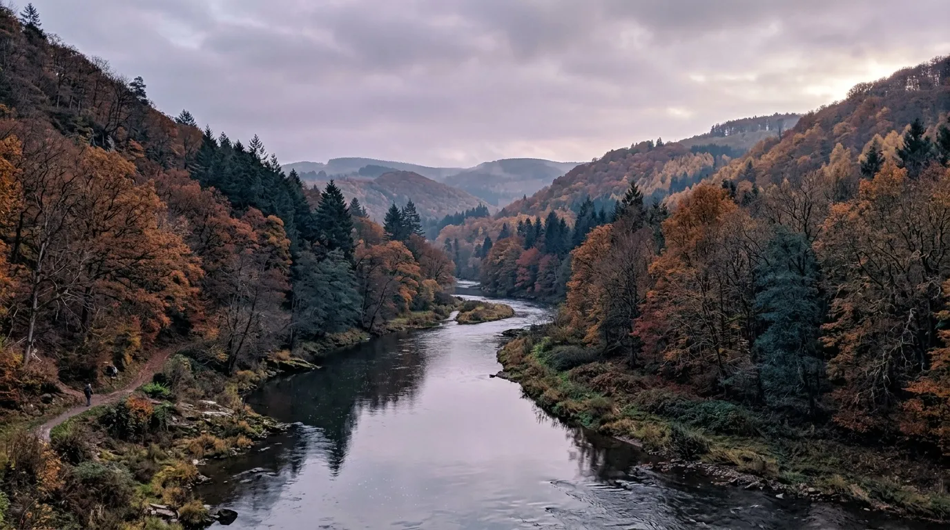 Rivière sinueuse traversant une vallée boisée en automne