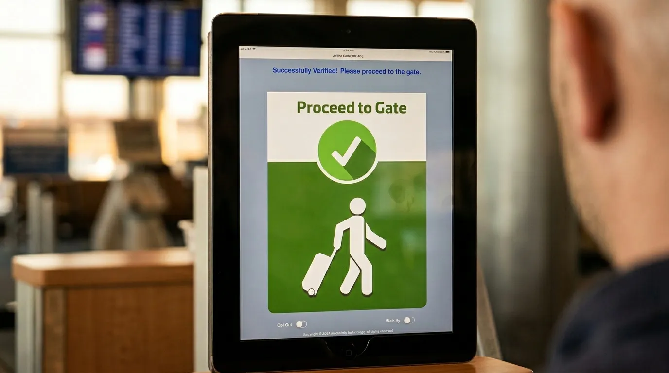 Écran tablette affichant confirmation d'accès à la porte d'embarquement