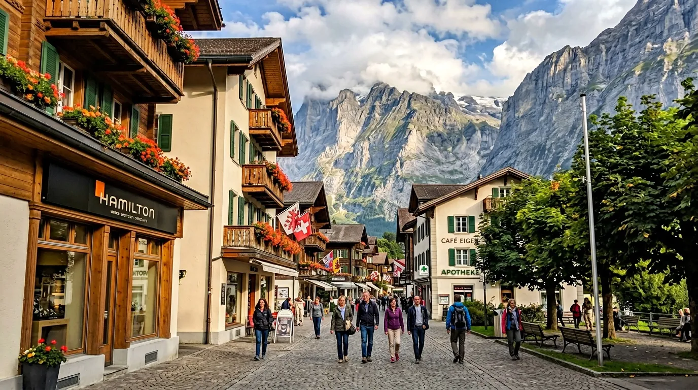 Rue pavée de village suisse avec montagnes majestueuses en arrière-plan