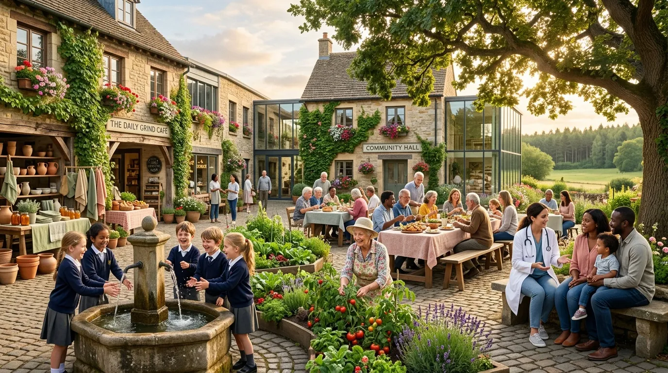 Place de village avec habitants, café, mairie et espaces verts