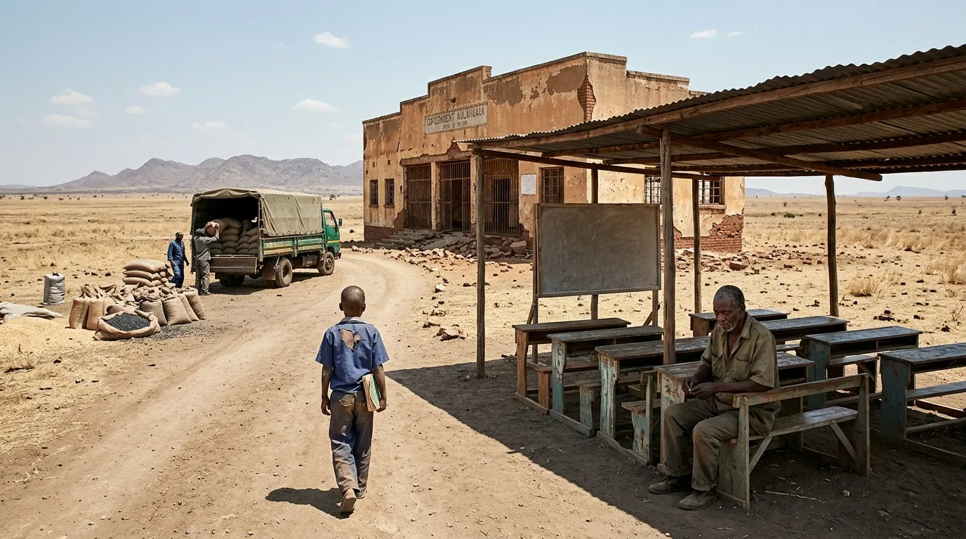 Enfant courant dans village aride avec bâtiment ancien et camion
