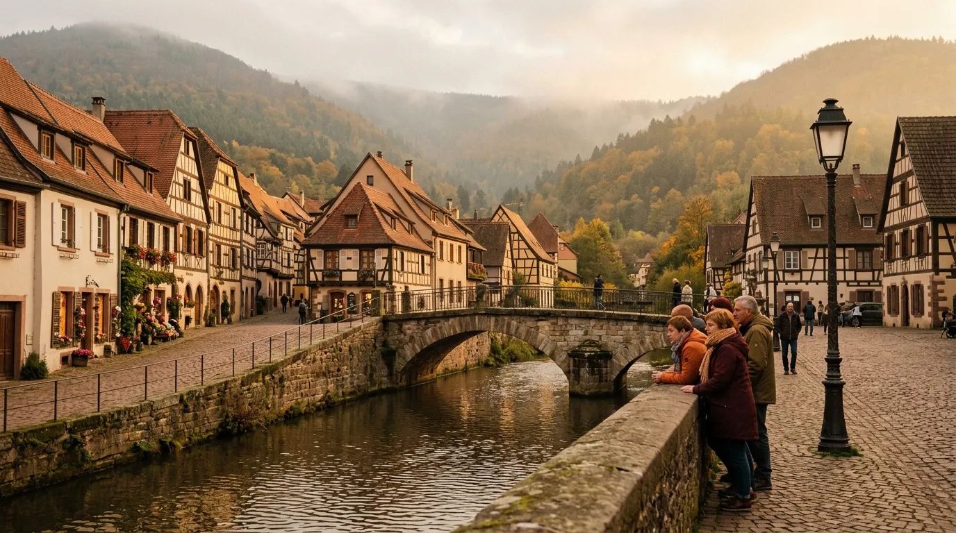 Village alsacien avec maisons colombages, pont ancien et montagnes boisées