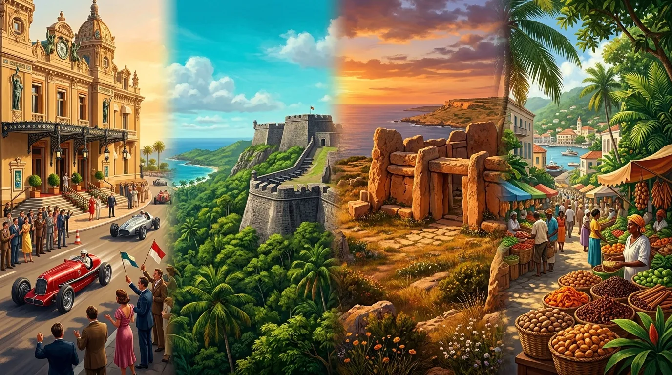 Collage illustrant Monaco, forteresse côtière, marché africain et paysages tropicaux