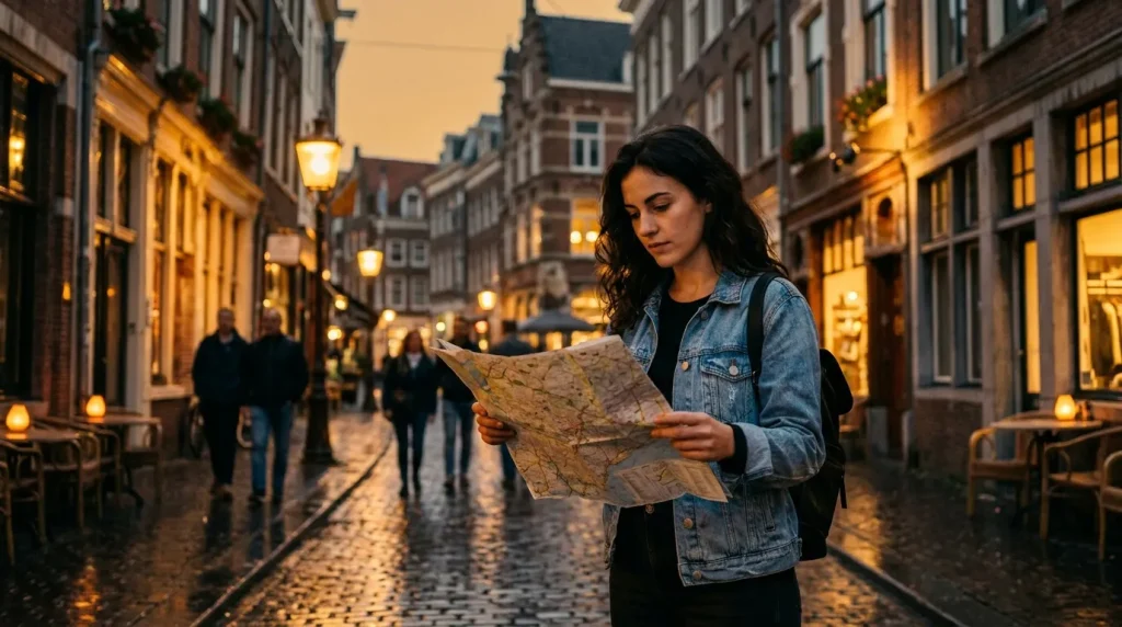 Femme lisant une carte dans une rue pavée illuminée