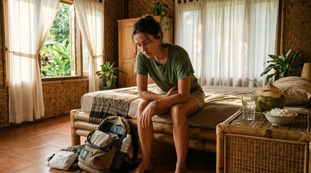 Femme assise sur lit avec sac à dos de voyage