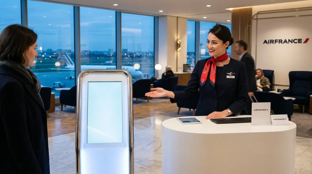 Hôtesse Air France accueillant cliente dans salon aéroport