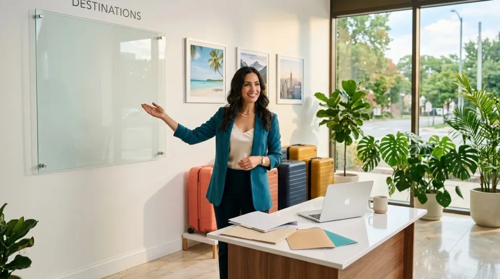 Femme professionnelle souriante présentant destinations de voyage