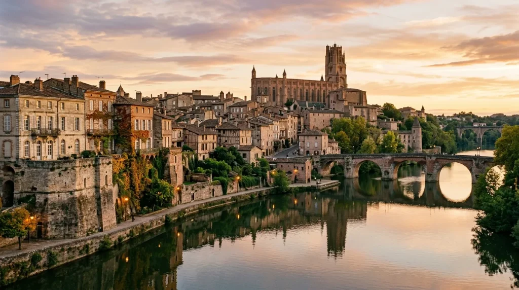 Cathédrale médiévale et pont ancien au-dessus de la rivière