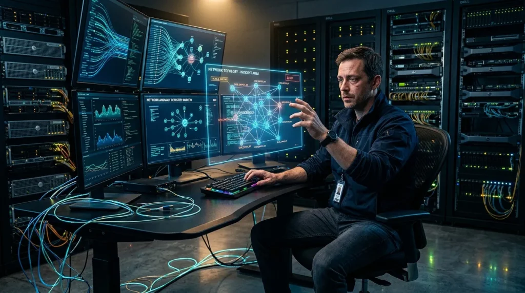 Technicien examine topologie réseau sur écrans dans datacenter