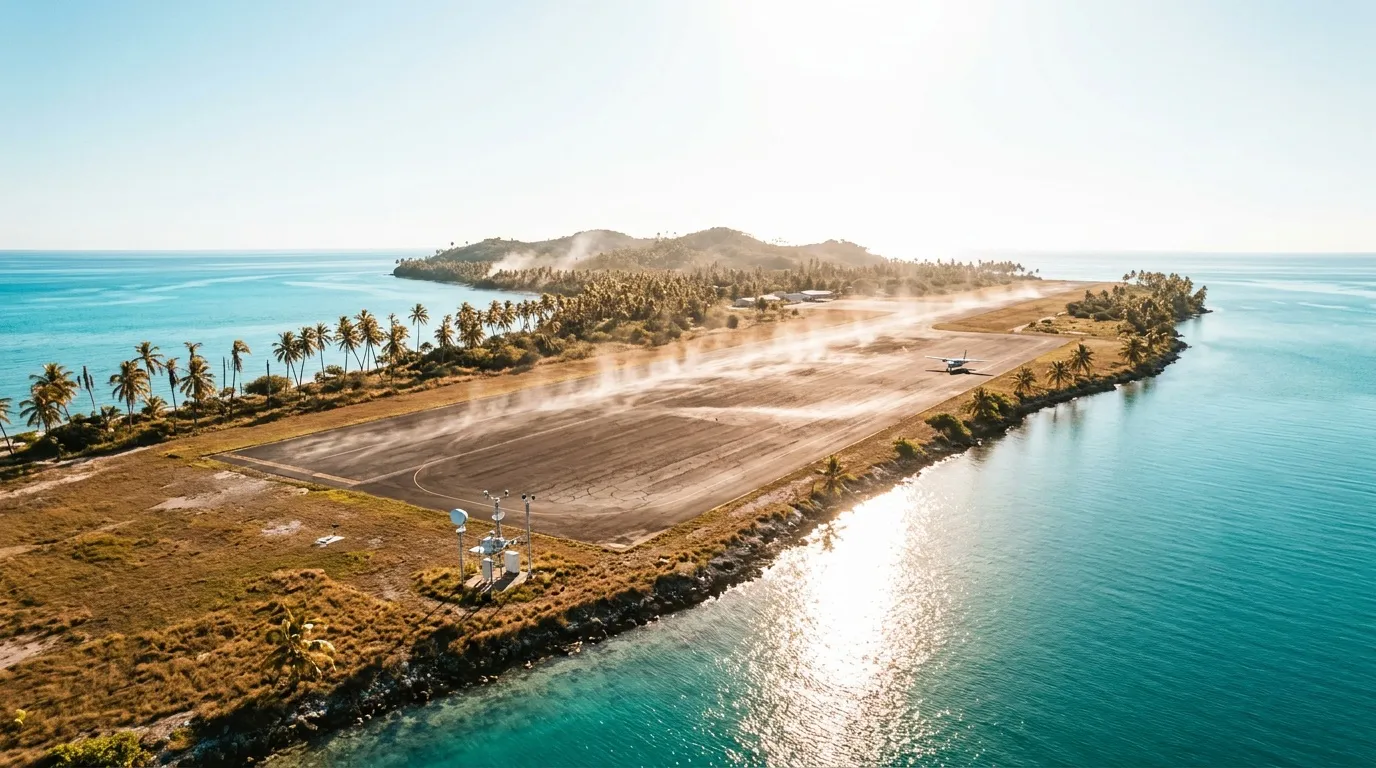 Île tropicale avec piste d'atterrissage entourée de lagon turquoise